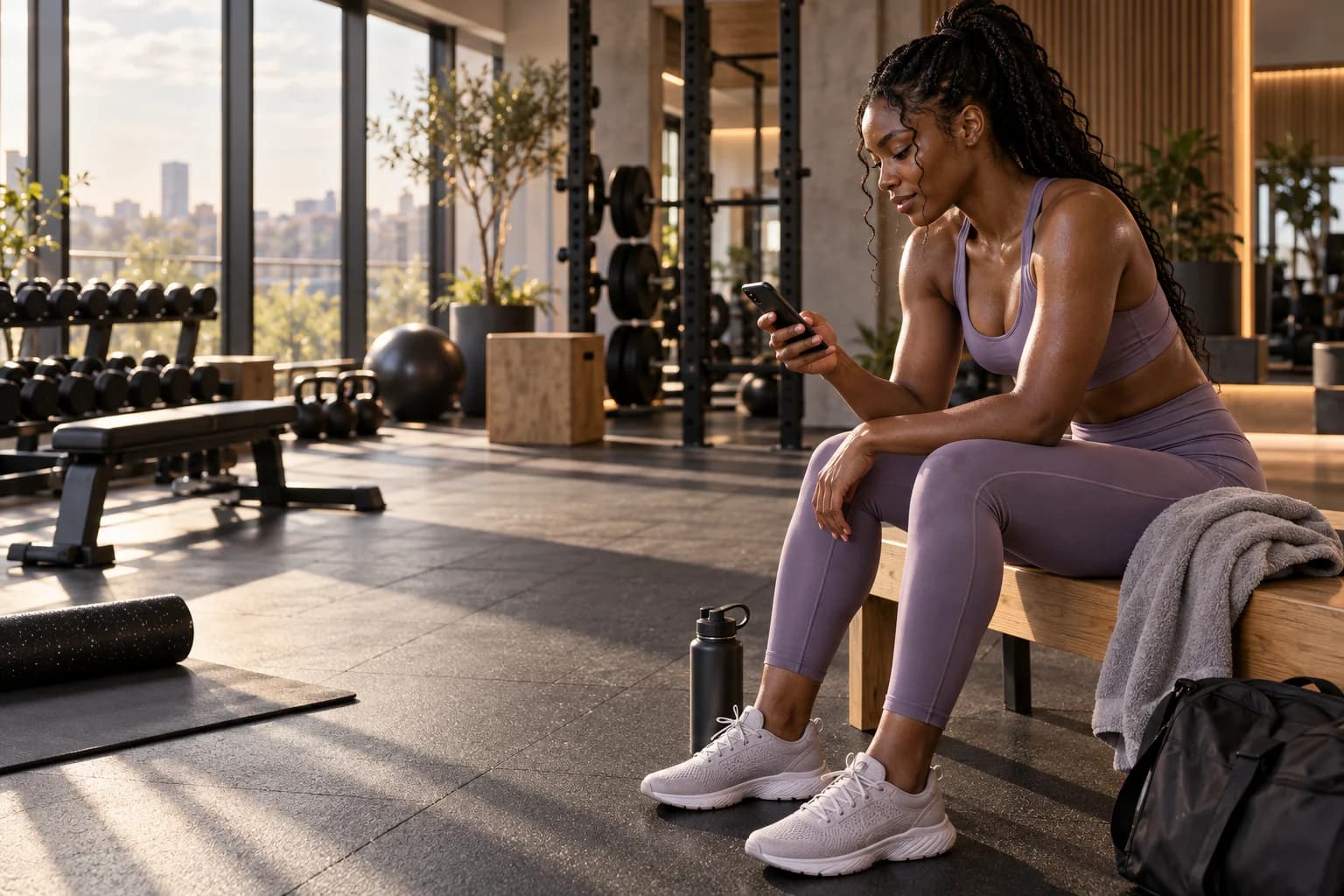 Gym member checking her phone after a workout in a sunlit fitness studio