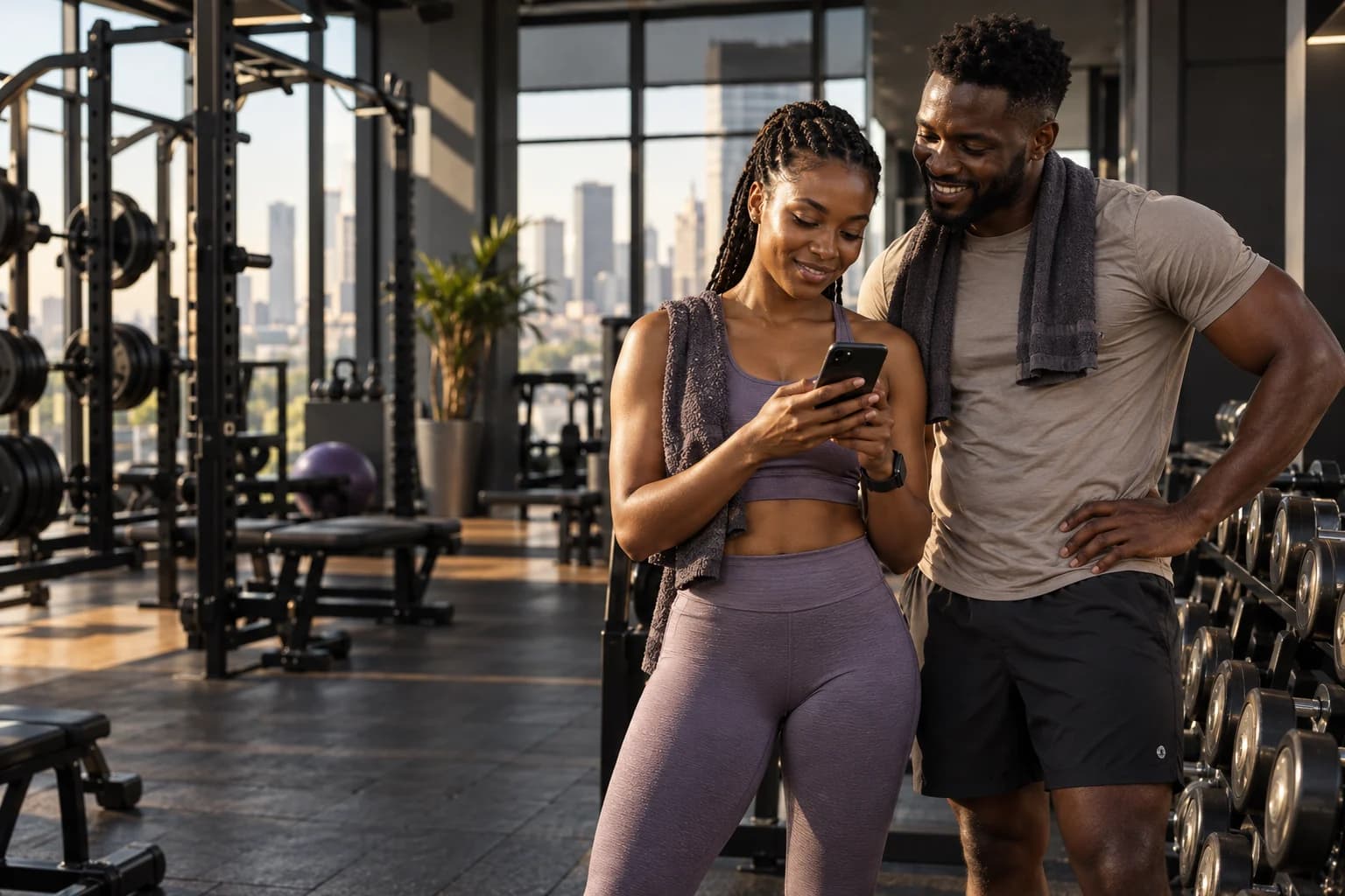 Two gym members enjoying a moment together while checking a phone after training
