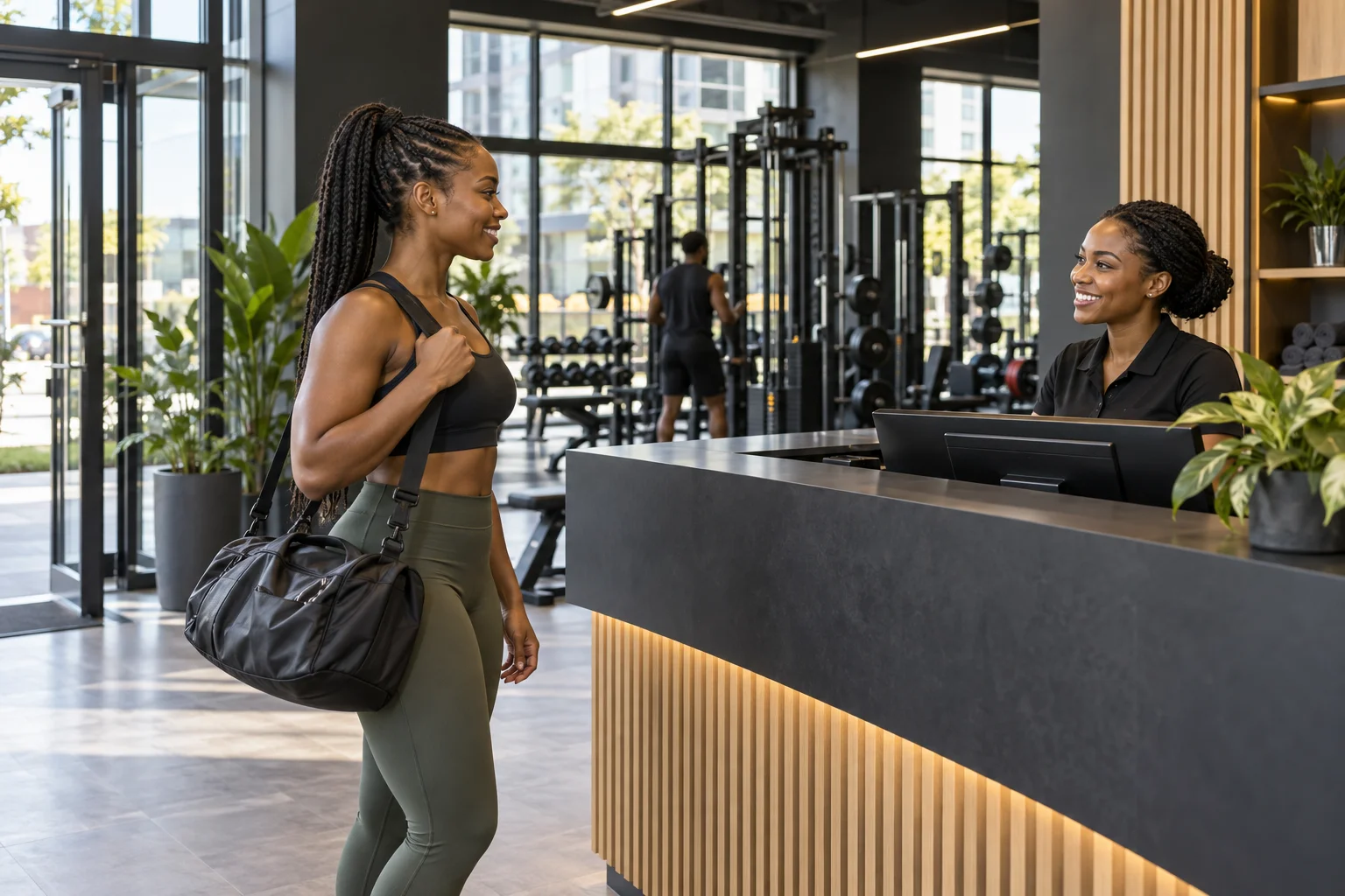 Welcoming gym reception with a member arriving and staff ready to help