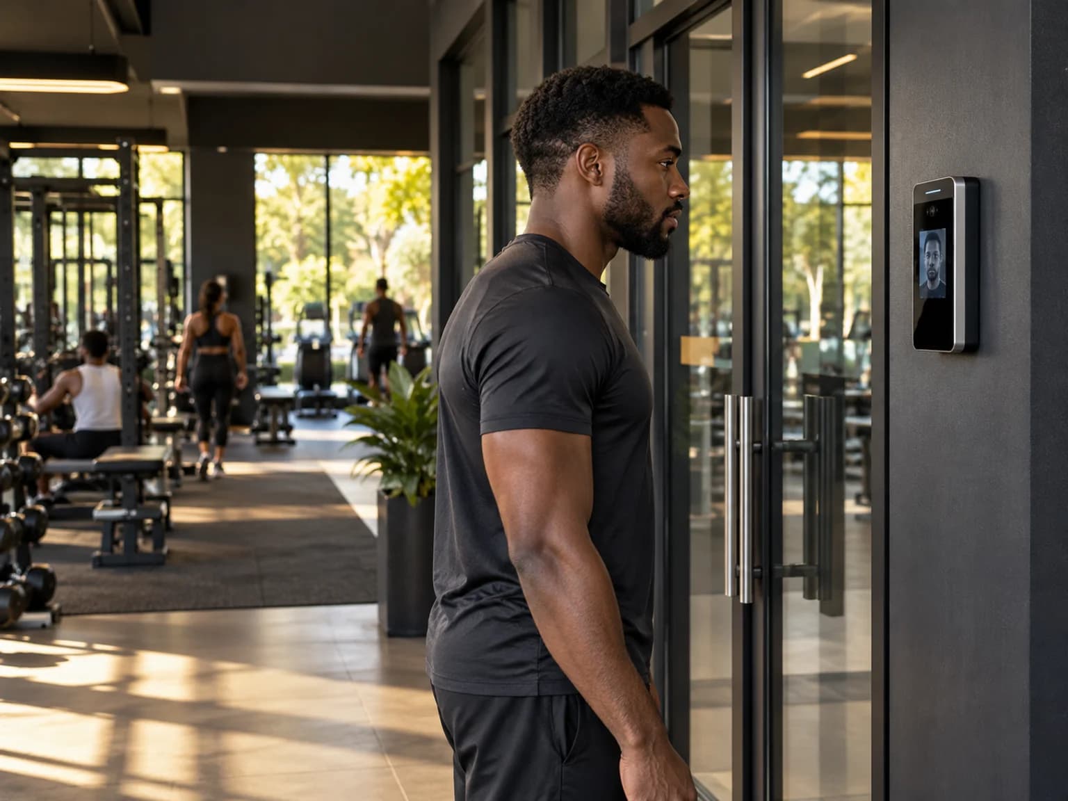 Gym entrance with a member access reader